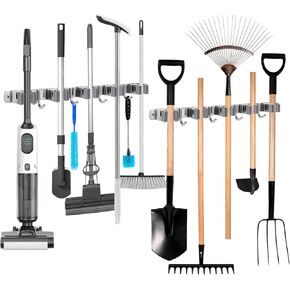 Broom Holder Wall Mount, Broom Organizer Wall Mount Stainless Steel Broom and Mop Hanger Heavy Duty Storage Organization for Home Kitchen Garden Garage Room 5 Racks 4 Hooks (1Pack)(Grey Racks) in Saudi Arabia