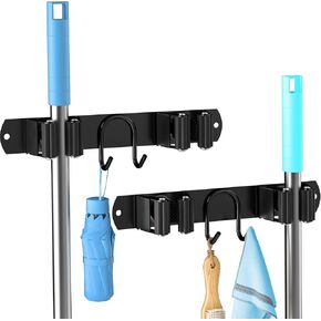 Broom Holder Wall Mount, Stainless Steel Mop and Broom Organizer, Broom Hanger with 2 Slots 2 Hooks for Home Kitchen, Garage, Garden and Laundry Room, Black in Saudi Arabia
