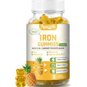 2 Packs 100MG Iron Supplements Gummies for Women & Men - Contains Vitamin C, A, B - Suitable Adults & Kids, Iron Deficiency, Immune & Energy Support, Pineapple Flavor, Non-GMO, 120 Counts in Saudi Arabia