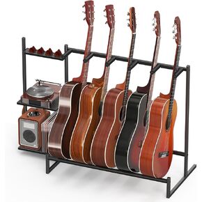 Guitar Stand, Guitar Rack for Multiple Guitars,Guitar Holder for Bass, Banjo,Acoustic Guitar Display Stand,5 Slot Guitar Stands Floor with 3 Side Shelves for Amp & Record Player,Studio & Home, Black in Kuwait