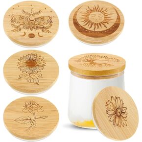 Tessco for you 6 Packs Yogurt Jar Lids Set Bamboo Wood for Jars Reusable Lid with Silicone Sealing Rings and Different Patterns Compatible with Oui Glass Containers in Kuwait
