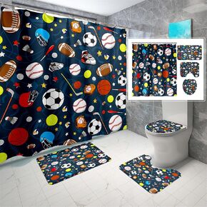 مجموعة ستائر الدش الرياضية للأولاد، مجموعة حمام رياضية للأطفال مكونة من 4 قطع مع خطافات، كرة القدم وكرة السلة الرياضية وديكور الحمام يتضمن البساط وغطاء المرحاض وحصيرة الحمام in Kuwait