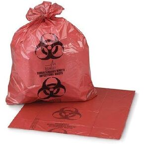 37" x 50" x 1.3 mil 44 Gallon Red Plastic Biohazard Infectious Waste Can Liners, Made in USA (roll of 15 bags) in Kuwait