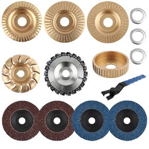 مجموعة أقراص نحت الخشب 14 قطعة لمطحنة زاوية 4 بوصة أو 4 1/2 بوصة، قرص عجلة طحن أداة جذعية مع حلقة محول ومفتاح ربط 5/8 بوصة، ملحقات مطحنة النجارة لقطع تشكيل النحت وتلميع الصنفرة in Kuwait
