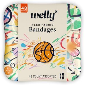 Welly Bandages | Adhesive Flexible Fabric Bravery Badges | Assorted Shapes for Minor Cuts, Scrapes, and Wounds | Colorful and Fun First Aid Tin | Sports Patterns - 48 Count in Kuwait