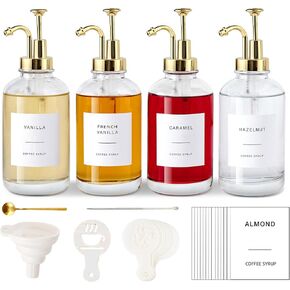 Coffee Syrup Dispenser for Bar, Glass Syrup Bottle with Pump, Coffee Pump Dispenser Bottle with Tray, Spoon for Station,16.9 oz, 500 ml in Kuwait