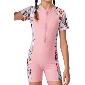 Girls Short Sleeve UPF 50+ Rash Guard Teen Colour Block One Pieces Bathing Suits with Zip 6-14 Years in Kuwait