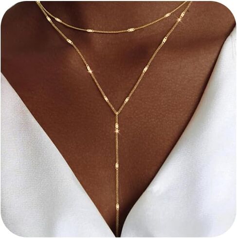 Lariat Gold Necklace for Women Trendy Dainty 14k Gold Plated/Silver Layered Chain Drop Necklaces Y-Shaped Necklace Jewelry for Women Gifts in Kuwait