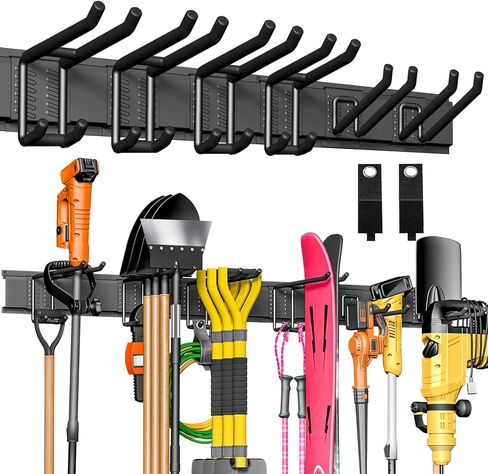 منظم أدوات المرآب مثبت على الحائط، منظم حائط معدني شديد التحمل مقاس 48 بوصة، 3 قضبان مع 6 خطافات قابلة للتعديل، رف تخزين للحديقة للتنظيم، حامل تعليق قوي للأدوات لساحة سقيفة المجرفة in Kuwait