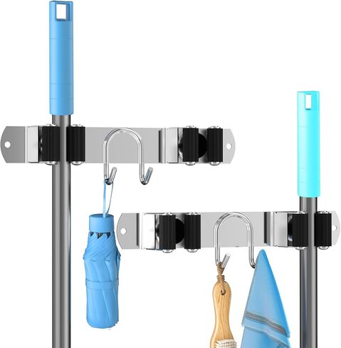 Broom Holder Wall Mount, Stainless Steel Mop and Broom Organizer, Broom Hanger with 2 Slots 2 Hooks for Home Kitchen, Garage, Garden and Laundry Room, Black in Saudi Arabia