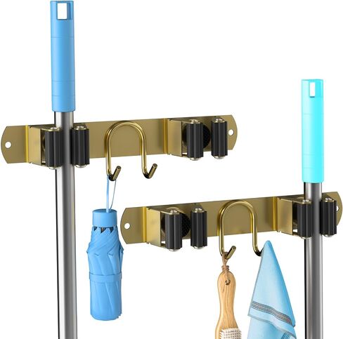 Broom Holder Wall Mount, Stainless Steel Mop and Broom Organizer, Broom Hanger with 2 Slots 2 Hooks for Home Kitchen, Garage, Garden and Laundry Room, Black in Saudi Arabia