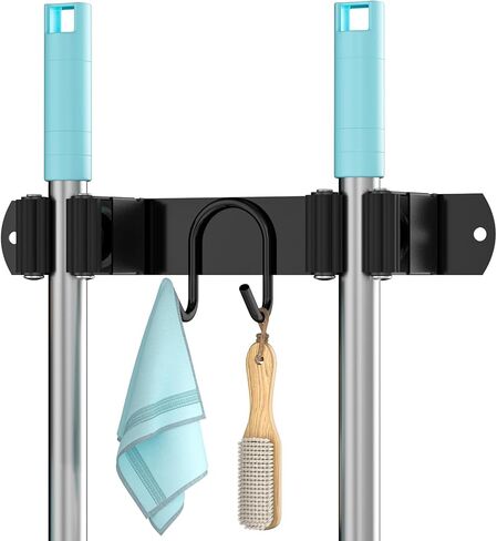 Broom Holder Wall Mount, Stainless Steel Mop and Broom Organizer, Broom Hanger with 2 Slots 2 Hooks for Home Kitchen, Garage, Garden and Laundry Room, Black in Saudi Arabia