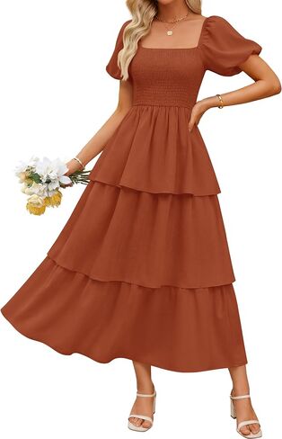 ZESICA Women's 2025 Summer Boho Midi Dress Short Puff Sleeve Flowy A Line Tiered Beach Vacation Long Dresses in Kuwait