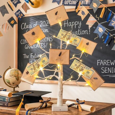 Woohaha 2FT Money Tree with Holder,24LED Lighted Birch Tree Table Centerpiece,Gift Card Battery/USB Powered with 6 Clips and 6 Greeting Cards for Home,Party,Christmas,Wedding,Birthday,Graduation in Kuwait