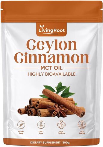 مسحوق القرفة السيلاني من Living Root - LivingRoot مع زيت MCT، مكمل عشبي عالي التوافر بيولوجيًا، غير معدّل وراثيًا، خالي من الغلوتين، مسحوق ناعم للتغذية اليومية - 300 جم (10.5 أونصة) in Saudi Arabia