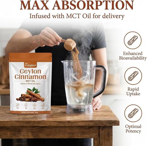مسحوق القرفة السيلاني من Living Root - LivingRoot مع زيت MCT، مكمل عشبي عالي التوافر بيولوجيًا، غير معدّل وراثيًا، خالي من الغلوتين، مسحوق ناعم للتغذية اليومية - 300 جم (10.5 أونصة) in Saudi Arabia
