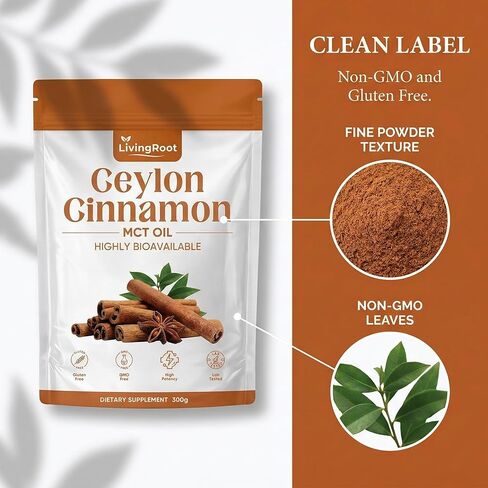مسحوق القرفة السيلاني من Living Root - LivingRoot مع زيت MCT، مكمل عشبي عالي التوافر بيولوجيًا، غير معدّل وراثيًا، خالي من الغلوتين، مسحوق ناعم للتغذية اليومية - 300 جم (10.5 أونصة) in Saudi Arabia
