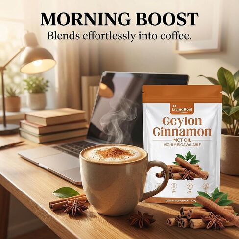 مسحوق القرفة السيلاني من Living Root - LivingRoot مع زيت MCT، مكمل عشبي عالي التوافر بيولوجيًا، غير معدّل وراثيًا، خالي من الغلوتين، مسحوق ناعم للتغذية اليومية - 300 جم (10.5 أونصة) in Saudi Arabia