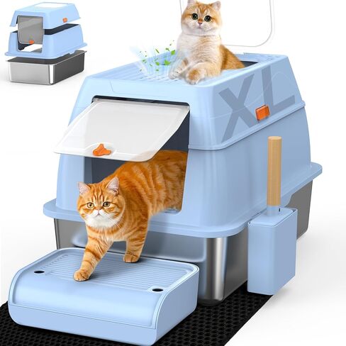 XL صندوق القمامة المصنوع من الفولاذ المقاوم للصدأ ، سهلة التنظيف مع تصميم مخرج أعلى ، مربع فضلات التحكم في الرائحة مع تصميم مغلق بالكامل ومساحة فحم نشطة ، صندوق محاصرة ومغرفة (أزرق) in Kuwait