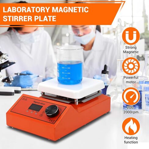 Magnetic Stirrer Hot Plate, Ceramic-Coated, 300°C Max Temp & 200-2000 RPM, with Stir Bar Retriever, 5L Capacity for Lab, Home Brewing, Chemistry - 6.7x6.7 Inch Plate (Orange) in Kuwait
