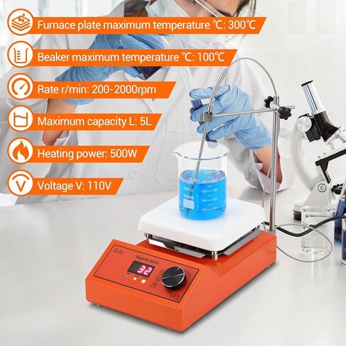 Magnetic Stirrer Hot Plate, Ceramic-Coated, 300°C Max Temp & 200-2000 RPM, with Stir Bar Retriever, 5L Capacity for Lab, Home Brewing, Chemistry - 6.7x6.7 Inch Plate (Orange) in Kuwait