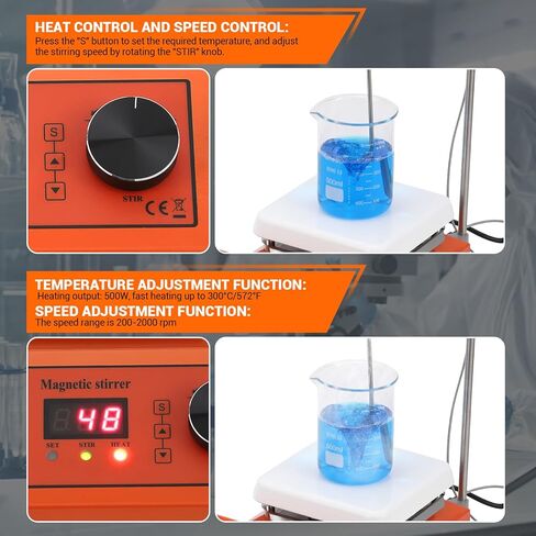 Magnetic Stirrer Hot Plate, Ceramic-Coated, 300°C Max Temp & 200-2000 RPM, with Stir Bar Retriever, 5L Capacity for Lab, Home Brewing, Chemistry - 6.7x6.7 Inch Plate (Orange) in Kuwait