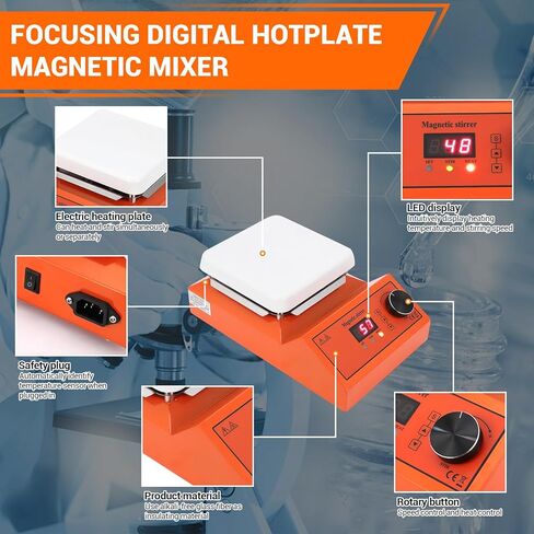 Magnetic Stirrer Hot Plate, Ceramic-Coated, 300°C Max Temp & 200-2000 RPM, with Stir Bar Retriever, 5L Capacity for Lab, Home Brewing, Chemistry - 6.7x6.7 Inch Plate (Orange) in Kuwait