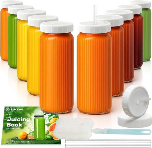 Ruckae 16oz 10 Pack Juice Bottles, Glass Bottles with Lids, Smoothie Cup Lids and Straws, Water Bottle Mason Jar Drinking Glasses for Juicing, Smoothies, Kombucha in Saudi Arabia