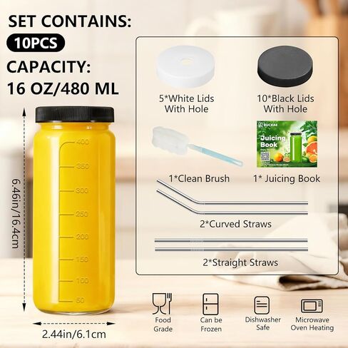 Ruckae 16oz 10 Pack Juice Bottles, Glass Bottles with Lids, Smoothie Cup Lids and Straws, Water Bottle Mason Jar Drinking Glasses for Juicing, Smoothies, Kombucha in Saudi Arabia