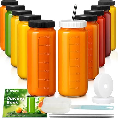 Ruckae 16oz 10 Pack Juice Bottles, Glass Bottles with Lids, Smoothie Cup Lids and Straws, Water Bottle Mason Jar Drinking Glasses for Juicing, Smoothies, Kombucha in Saudi Arabia