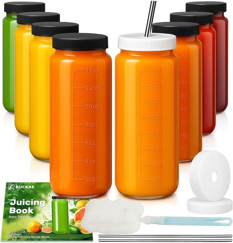 Ruckae 16oz 10 Pack Juice Bottles, Glass Bottles with Lids, Smoothie Cup Lids and Straws, Water Bottle Mason Jar Drinking Glasses for Juicing, Smoothies, Kombucha in Saudi Arabia
