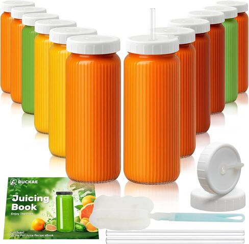Ruckae 16oz 10 Pack Juice Bottles, Glass Bottles with Lids, Smoothie Cup Lids and Straws, Water Bottle Mason Jar Drinking Glasses for Juicing, Smoothies, Kombucha in Saudi Arabia