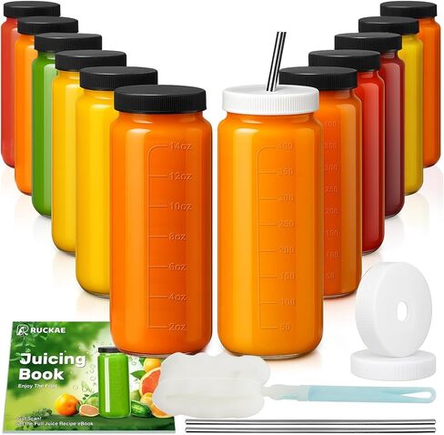 Ruckae 16oz 10 Pack Juice Bottles, Glass Bottles with Lids, Smoothie Cup Lids and Straws, Water Bottle Mason Jar Drinking Glasses for Juicing, Smoothies, Kombucha in Saudi Arabia