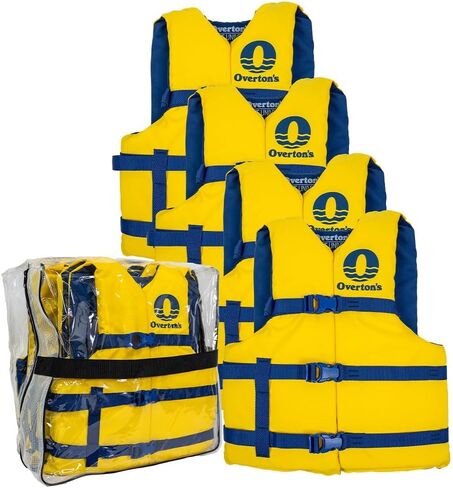 Overton's Universal Adult Life Jacket - Pack of 4, Nylon Shell with Closed-Cell Foam, Open Sides and Sturdy Belts, USCG Approved Type III, Fits Chest Sizes 30" to 52", Includes Zippered Storage Bag in Saudi Arabia