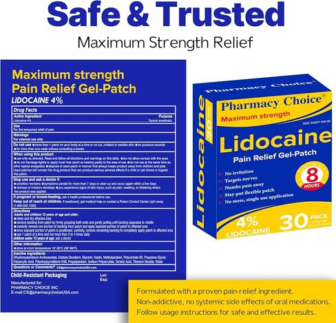 4% Lidocaine Maximum Strength Pain Relief Gel Patches, Numbing Gel Patch for Back, Shoulder, Muscle, Joints, Knee Pain Relief,30 Counts in Kuwait