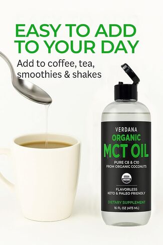 زيت MCT العضوي من Verdana، 16 أونصة سائلة - نقي C8 وC10 من جوز الهند العضوي، زيت MCT غير منكه للقهوة، صديق للكيتو، بدون زيت النخيل، مكمل غذائي in Kuwait