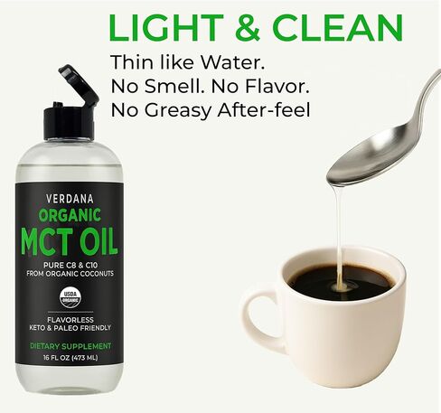 زيت MCT العضوي من Verdana، 16 أونصة سائلة - نقي C8 وC10 من جوز الهند العضوي، زيت MCT غير منكه للقهوة، صديق للكيتو، بدون زيت النخيل، مكمل غذائي in Kuwait