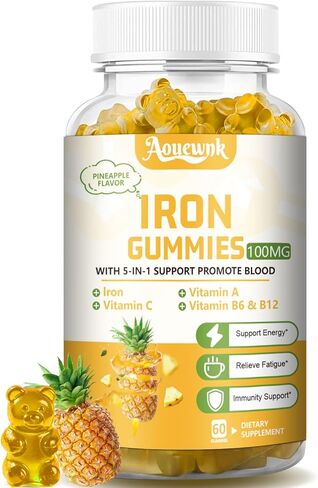 2 Packs 100MG Iron Supplements Gummies for Women & Men - Contains Vitamin C, A, B - Suitable Adults & Kids, Iron Deficiency, Immune & Energy Support, Pineapple Flavor, Non-GMO, 120 Counts in Saudi Arabia