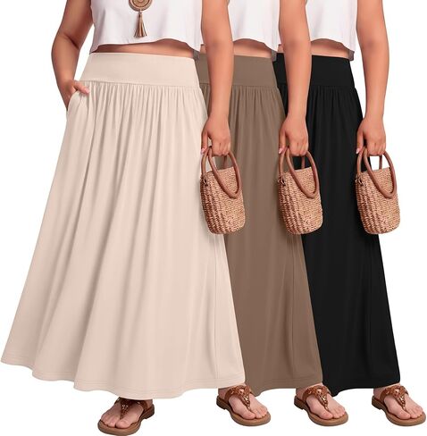 Ficerd 3 Pack Plus Size Maxi Long Skirts for Curvy Women, Ankle Length a Line Pleated High Waisted Summer Skirts with Pocket in Saudi Arabia