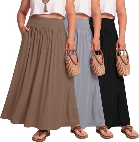 Ficerd 3 Pack Women's Plus Maxi Long Vartts ، طول الكاحل خطوط صيفية عالية الخصر مع جيوب in Saudi Arabia