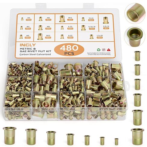 INCLY 480PCS SAE & Metric Rivet Nuts Assortment Kit, Rivet Nut Kit, M3 M4 M5 M6 M8 M10 M12,6-32,8-32,10-24,1/4-20,5/16-18,3/8-16 Flat Head Rivnuts, Galvanized Carbon Steel Threaded Inserts Nutserts in Saudi Arabia