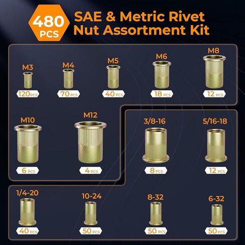 INCLY 480PCS SAE & Metric Rivet Nuts Assortment Kit, Rivet Nut Kit, M3 M4 M5 M6 M8 M10 M12,6-32,8-32,10-24,1/4-20,5/16-18,3/8-16 Flat Head Rivnuts, Galvanized Carbon Steel Threaded Inserts Nutserts in Saudi Arabia