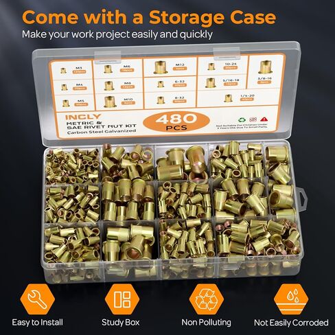 INCLY 480PCS SAE & Metric Rivet Nuts Assortment Kit, Rivet Nut Kit, M3 M4 M5 M6 M8 M10 M12,6-32,8-32,10-24,1/4-20,5/16-18,3/8-16 Flat Head Rivnuts, Galvanized Carbon Steel Threaded Inserts Nutserts in Saudi Arabia