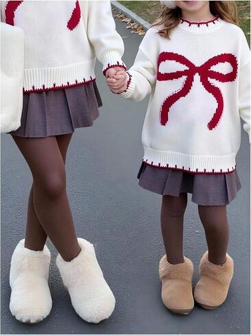 Girl's Bow Graphic Sweaters Crewneck Long Sleeve Knit Pullover Tops Drop Shoulder Knitwear in Kuwait