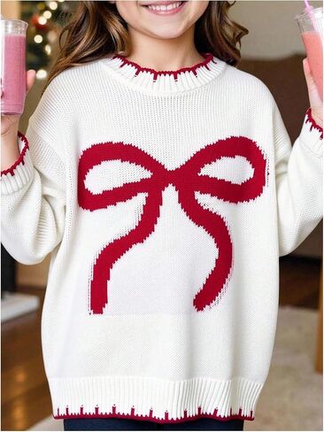 Girl's Bow Graphic Sweaters Crewneck Long Sleeve Knit Pullover Tops Drop Shoulder Knitwear in Kuwait