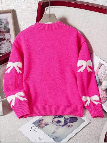 Girl's Bow Graphic Sweaters Crewneck Long Sleeve Knit Pullover Tops Drop Shoulder Knitwear in Saudi Arabia