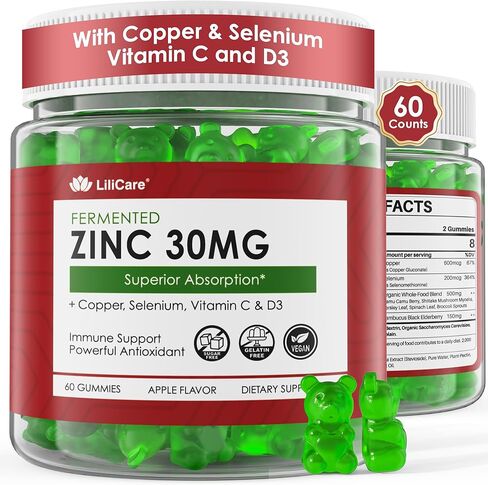 Zinc Gummies + Copper, Selenium, Vitamin C & D3, Fermented Zinc Supplements for Women and Men with Elderberry for Daily Immune Support, Powerful Antioxidant, High Absorption, Vegan, Sugar Free, 2 Pack in Kuwait