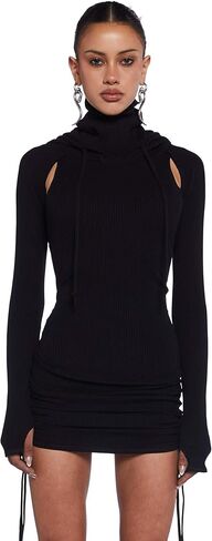 Dolls Kill Compression Ruched Mini Dress by Darker WAVS – Stretchy Hooded Mini Dress with Racerback Cut-Out & Adjustable Ties in Kuwait