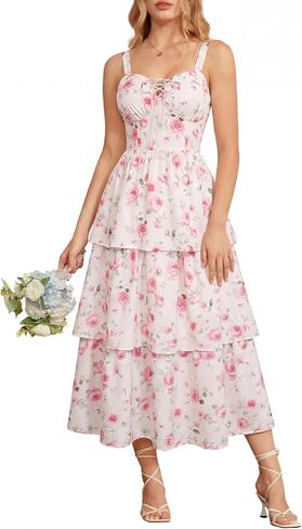 Scarlet Darkness Women's Floral Maxi Dress Summer Wedding Guest Dress Tiered Sleeveless Lace Up Corset Sundress in Saudi Arabia