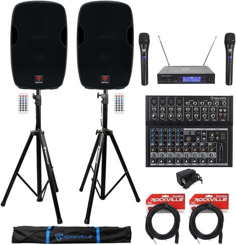 Audiosavings Bundle: (2) Rockville BPA15 15" 800W Speakers+ (1) Mackie Mix12FX Mixer w/FX+ (2) RVSS2 Stands w/Bag+ (1) RWM1203VH Dual Mic+ (2) RCXMB20B 20' XLR-TRS Cables (7 Items) in Saudi Arabia